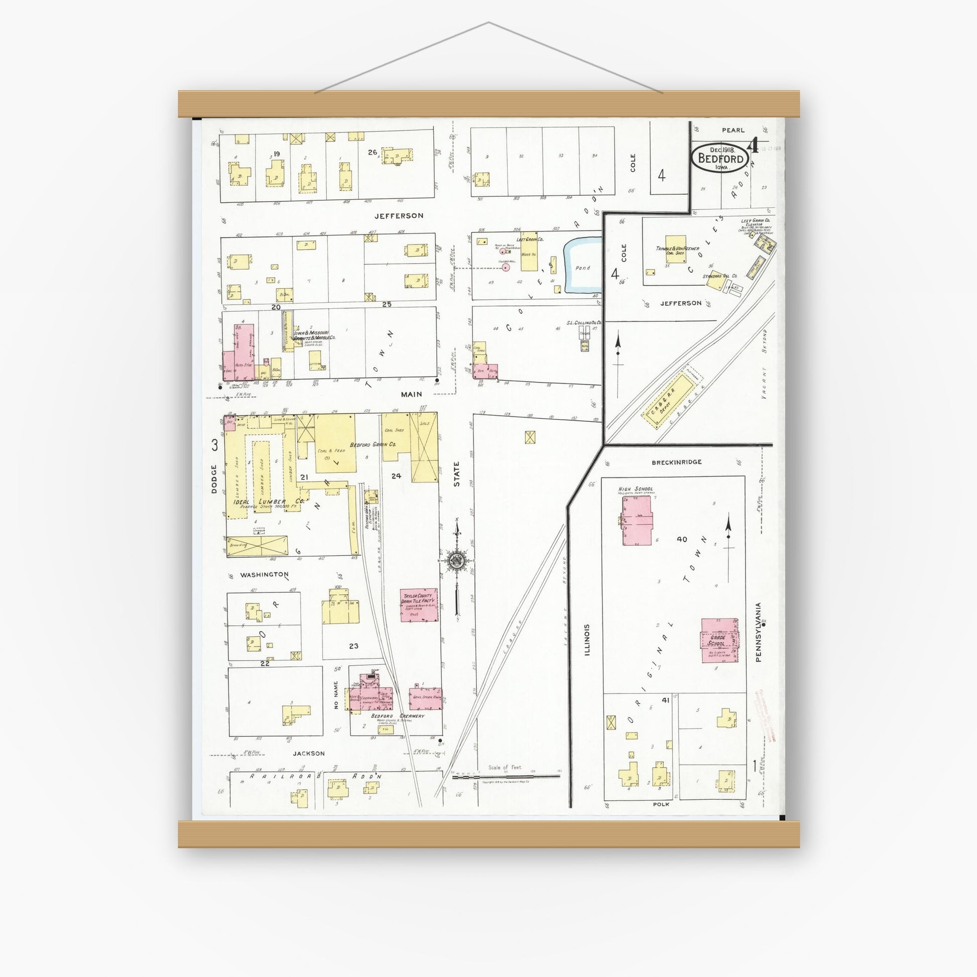 Old map wall art mockup — magnetic wood frame on white wall — Sanborn Fire Insurance Map from Bedford, Taylor County, Iowa (1918), Sheet #0004