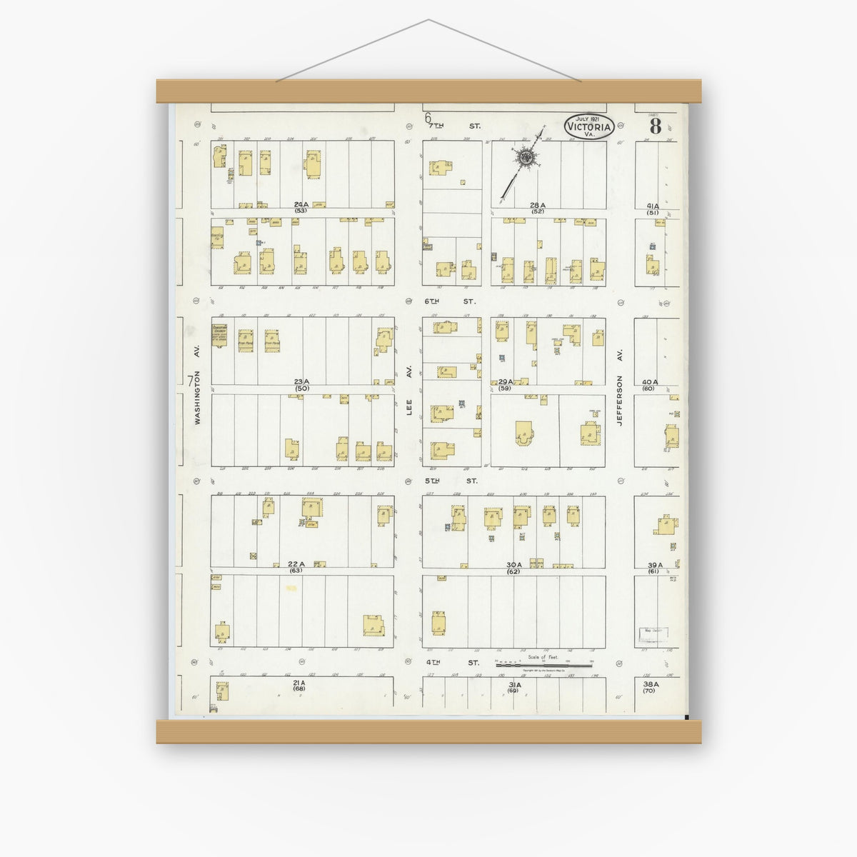 Old map wall art mockup — magnetic wood frame on white wall — Sanborn Fire Insurance Map from Victoria, Lunenburg County, Virginia (1921), Sheet #0008