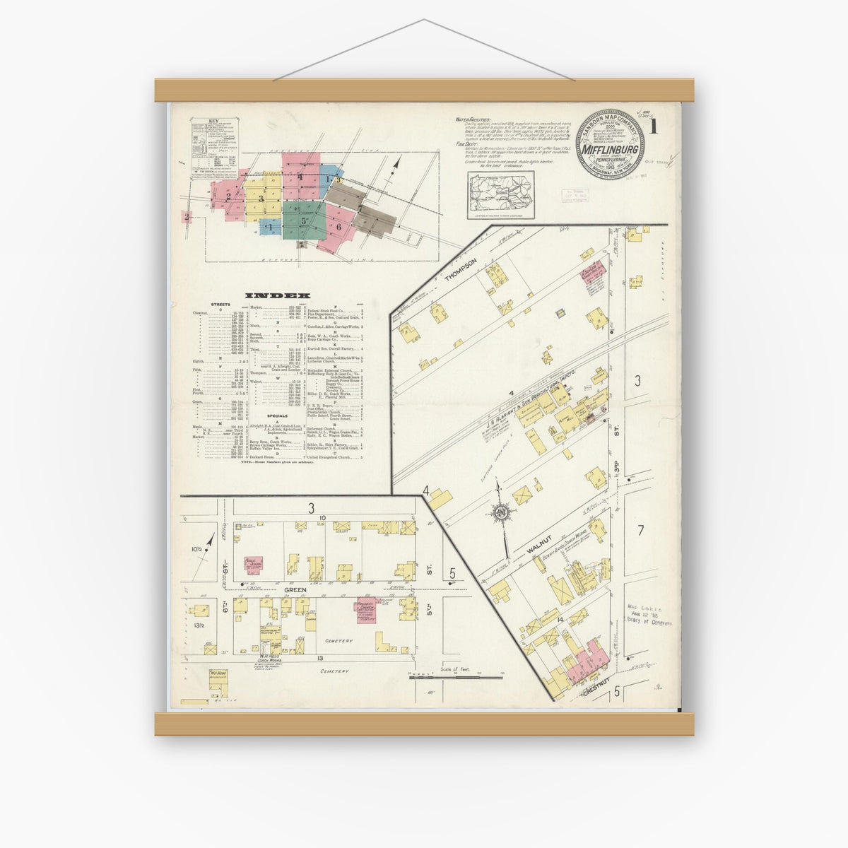Old map wall art mockup — magnetic wood frame on white wall — Sanborn Fire Insurance Map from Mifflinburg, Union County, Pennsylvania (1913) - Complete Map Set