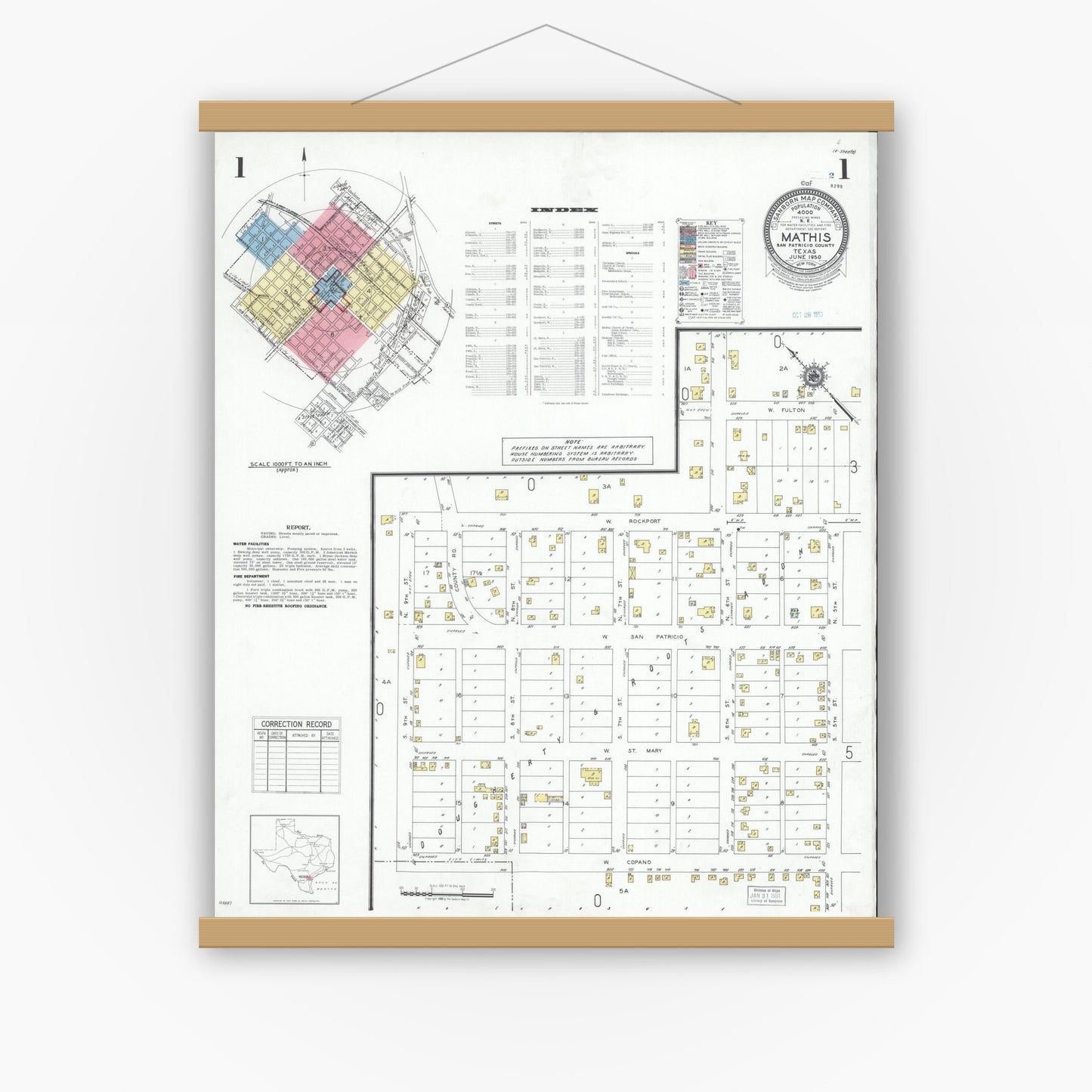 Old map wall art mockup — magnetic wood frame on white wall — Sanborn Fire Insurance Map from Mathis, San Patricio County, Texas (1950), Sheet #0001