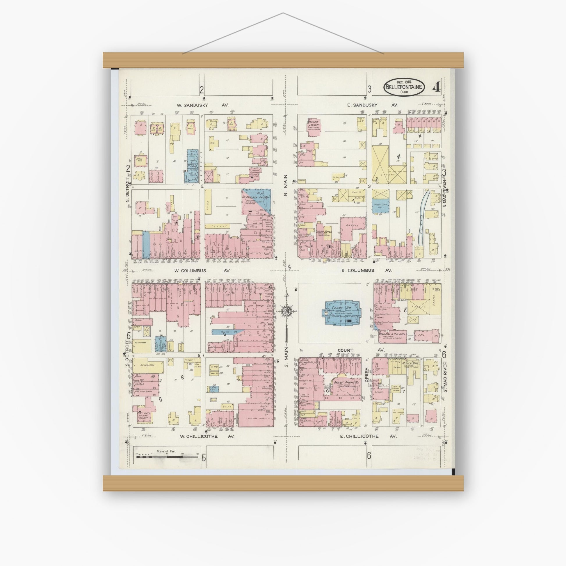 Old map wall art mockup — magnetic wood frame on white wall — Sanborn Fire Insurance Map from Bellefontaine, Logan County, Ohio (1914), Sheet #0004