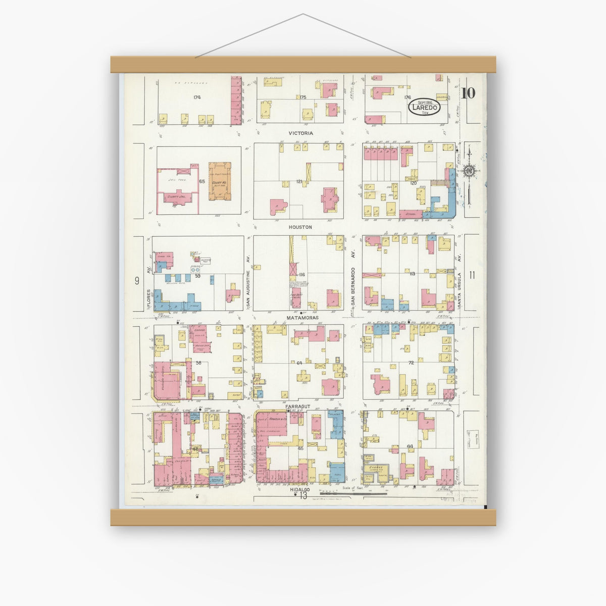 Old map wall art mockup — magnetic wood frame on white wall — Sanborn Fire Insurance Map from Laredo, Webb County, Texas (1916), Sheet #0010