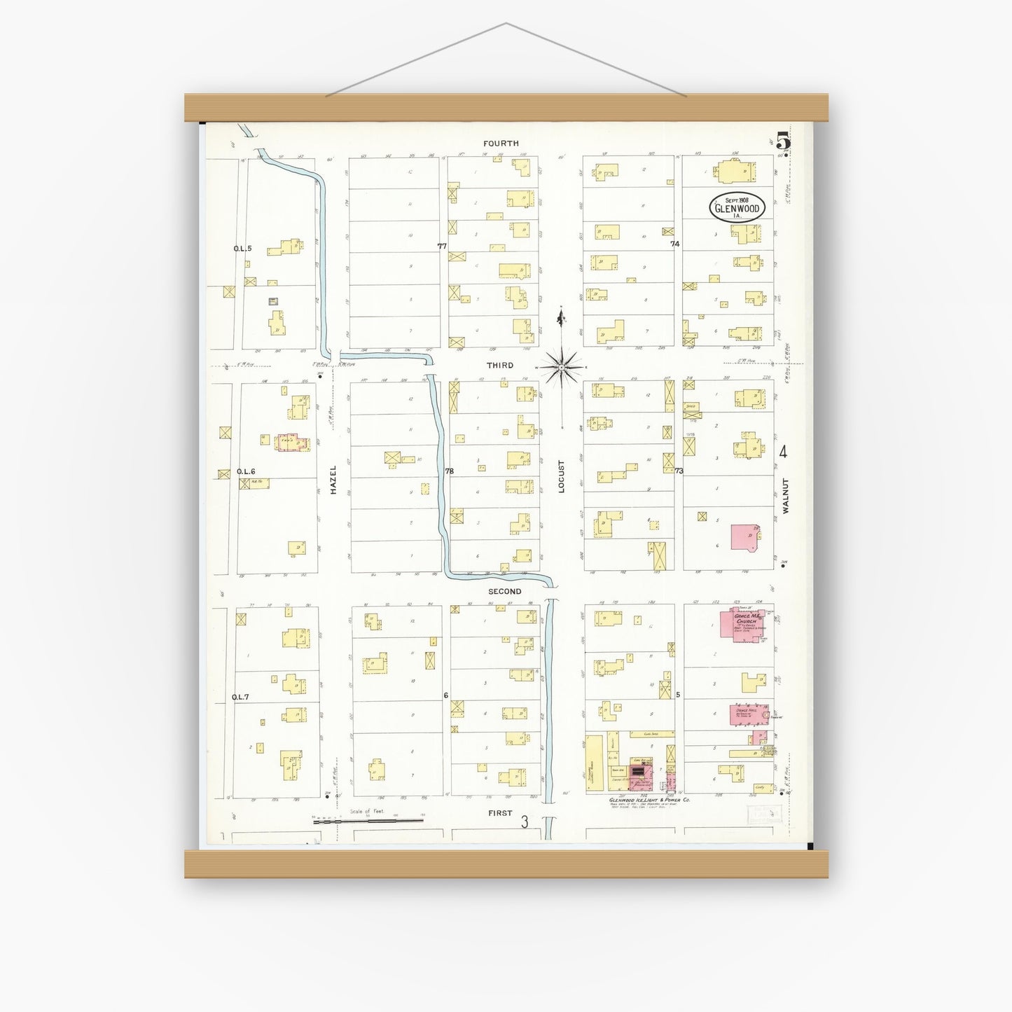 Old map wall art mockup — magnetic wood frame on white wall — Sanborn Fire Insurance Map from Glenwood, Mills County, Iowa (1908), Sheet #0005