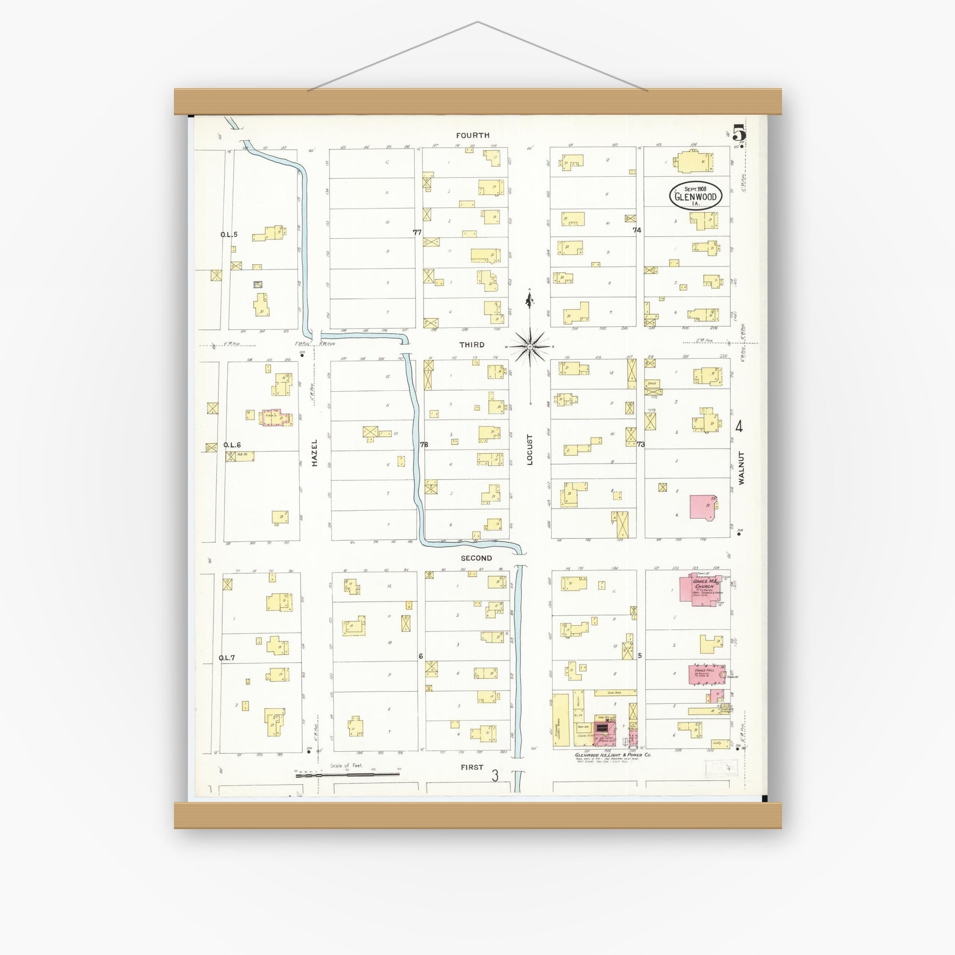 Old map wall art mockup — magnetic wood frame on white wall — Sanborn Fire Insurance Map from Glenwood, Mills County, Iowa (1908), Sheet #0005