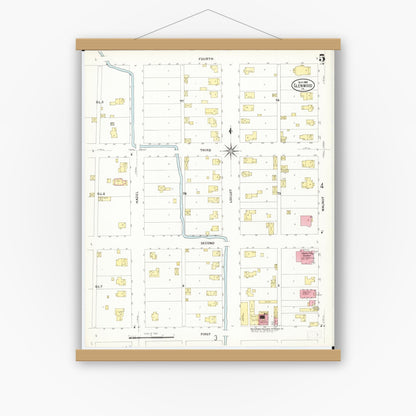 Old map wall art mockup — magnetic wood frame on white wall — Sanborn Fire Insurance Map from Glenwood, Mills County, Iowa (1908), Sheet #0005