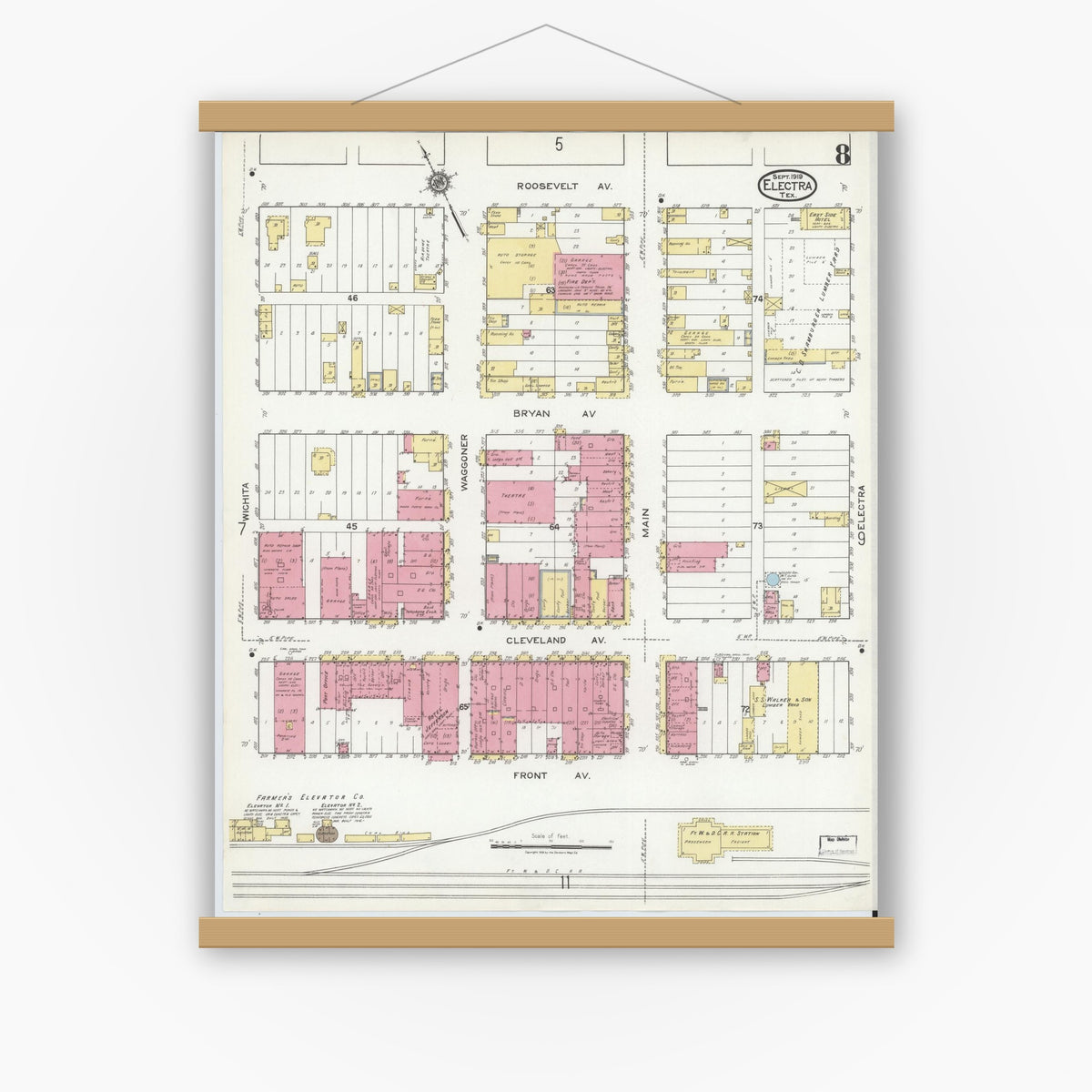 Old map wall art mockup — magnetic wood frame on white wall — Sanborn Fire Insurance Map from Electra, Wichita County, Texas (1919), Sheet #0008