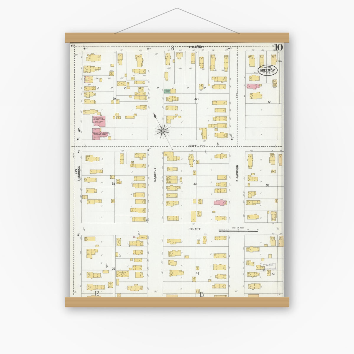 Old map wall art mockup — magnetic wood frame on white wall — Sanborn Fire Insurance Map from Green Bay, Brown County, Wisconsin (1900), Sheet #0010