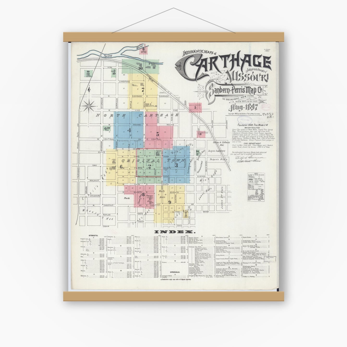 Old map wall art mockup — magnetic wood frame on white wall — Sanborn Fire Insurance Map from Carthage, Jasper County, Missouri (1897) - Complete Map Set