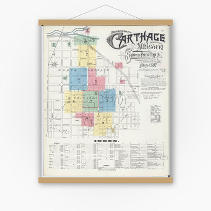 Old map wall art mockup — magnetic wood frame on white wall — Sanborn Fire Insurance Map from Carthage, Jasper County, Missouri (1897) - Complete Map Set