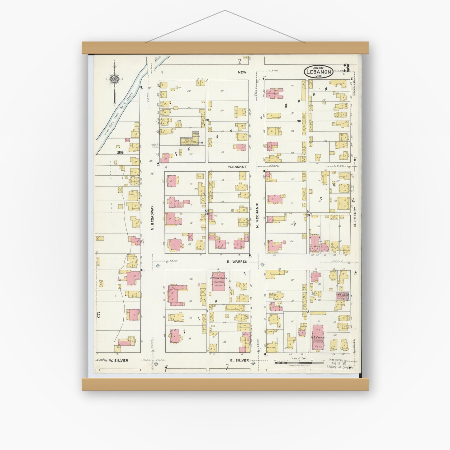 Old map wall art mockup — magnetic wood frame on white wall — Sanborn Fire Insurance Map from Lebanon, Warren County, Ohio (1917), Sheet #0003