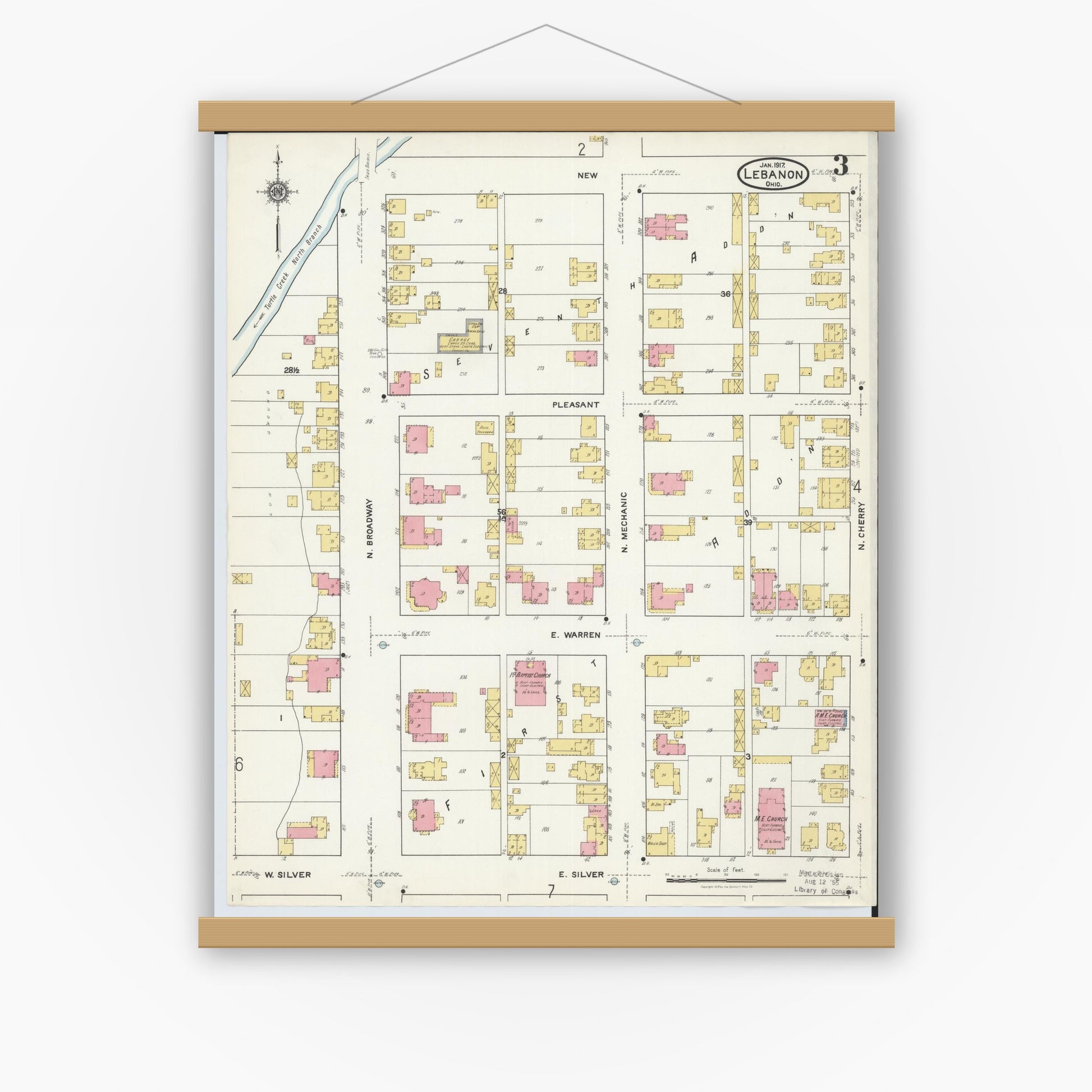 Old map wall art mockup — magnetic wood frame on white wall — Sanborn Fire Insurance Map from Lebanon, Warren County, Ohio (1917), Sheet #0003