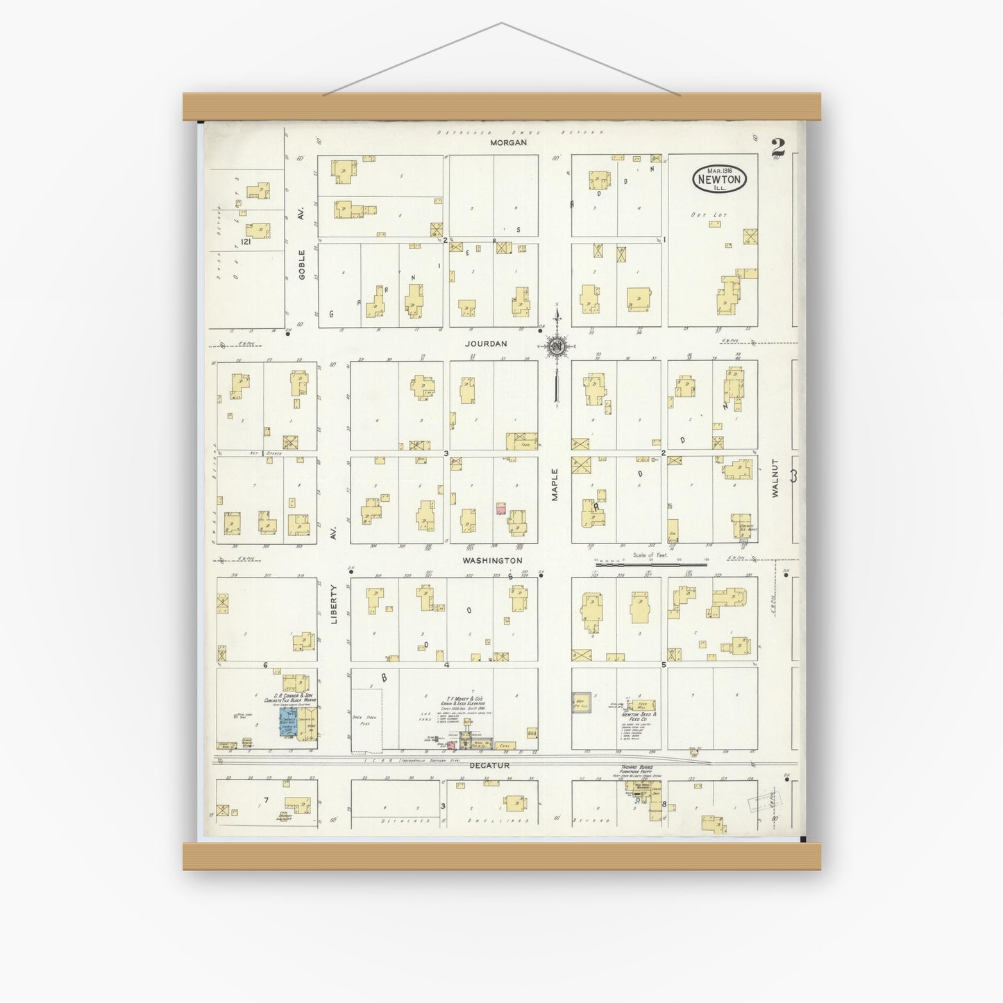 Old map wall art mockup — magnetic wood frame on white wall — Sanborn Fire Insurance Map from Newton, Jasper County, Illinois (1916), Sheet #0002