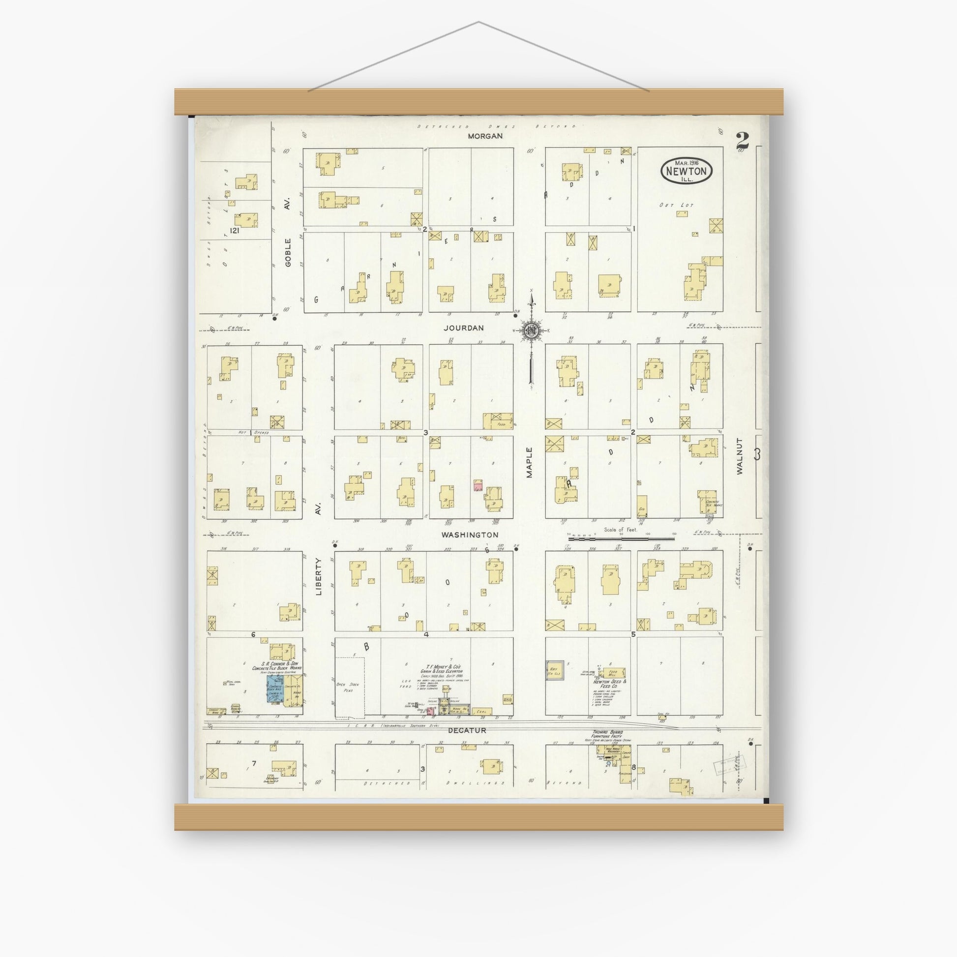 Old map wall art mockup — magnetic wood frame on white wall — Sanborn Fire Insurance Map from Newton, Jasper County, Illinois (1916), Sheet #0002