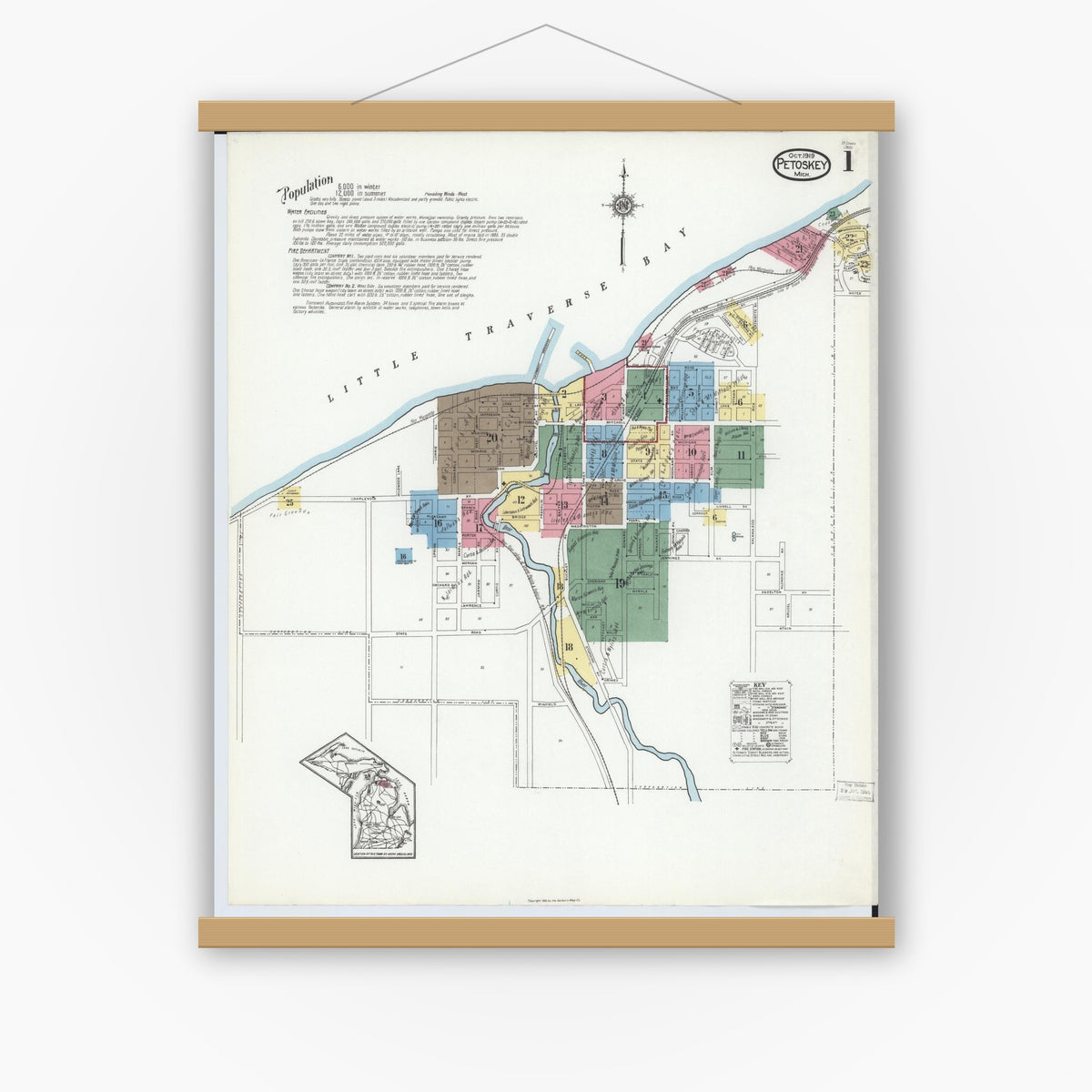 Old map wall art mockup — magnetic wood frame on white wall — Sanborn Fire Insurance Map from Petoskey, Emmet County, Michigan (1919), Sheet #0001
