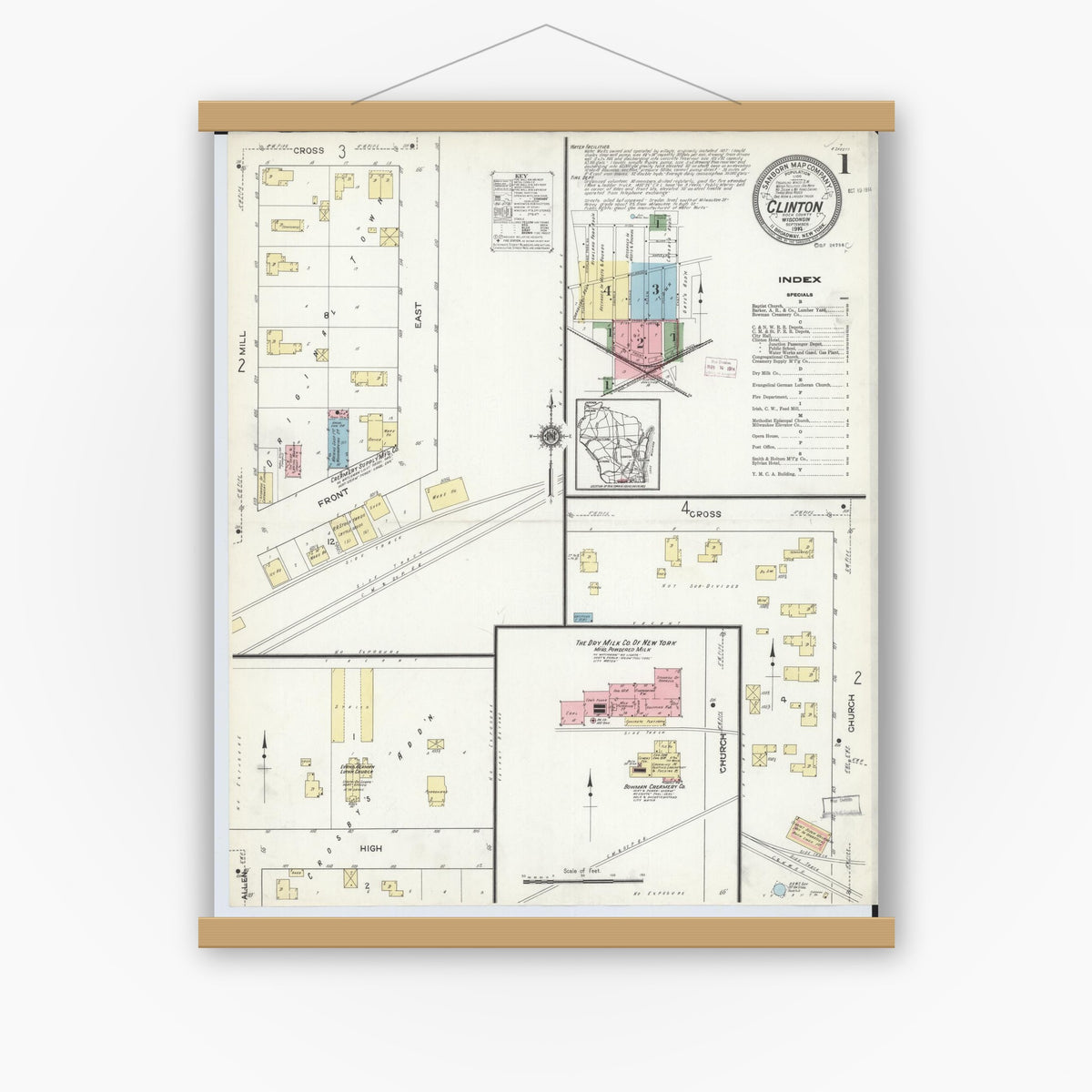Old map wall art mockup — magnetic wood frame on white wall — Sanborn Fire Insurance Map from Clinton, Rock County, Wisconsin (1914) - Complete Map Set
