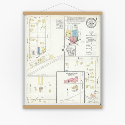 Old map wall art mockup — magnetic wood frame on white wall — Sanborn Fire Insurance Map from Clinton, Rock County, Wisconsin (1914) - Complete Map Set