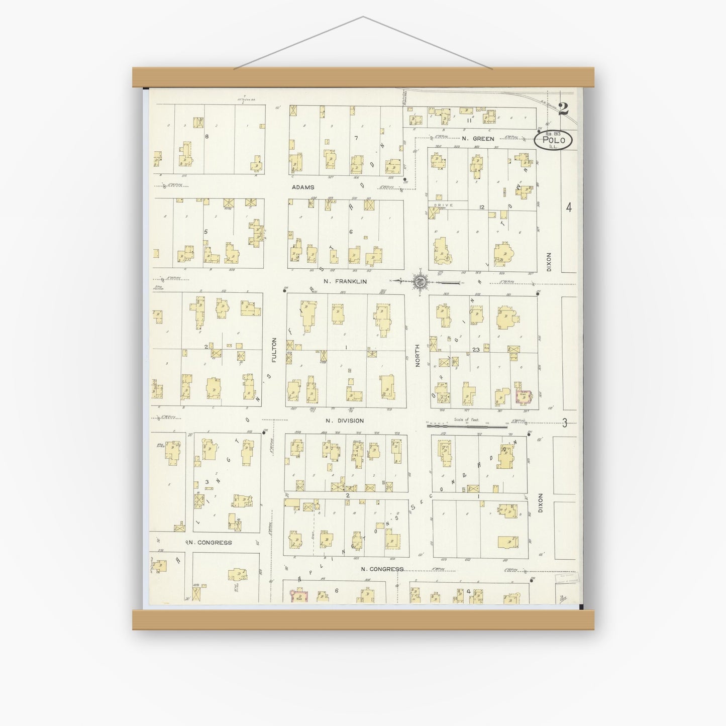 Old map wall art mockup — magnetic wood frame on white wall — Sanborn Fire Insurance Map from Polo, Ogle County, Illinois (1913), Sheet #0002