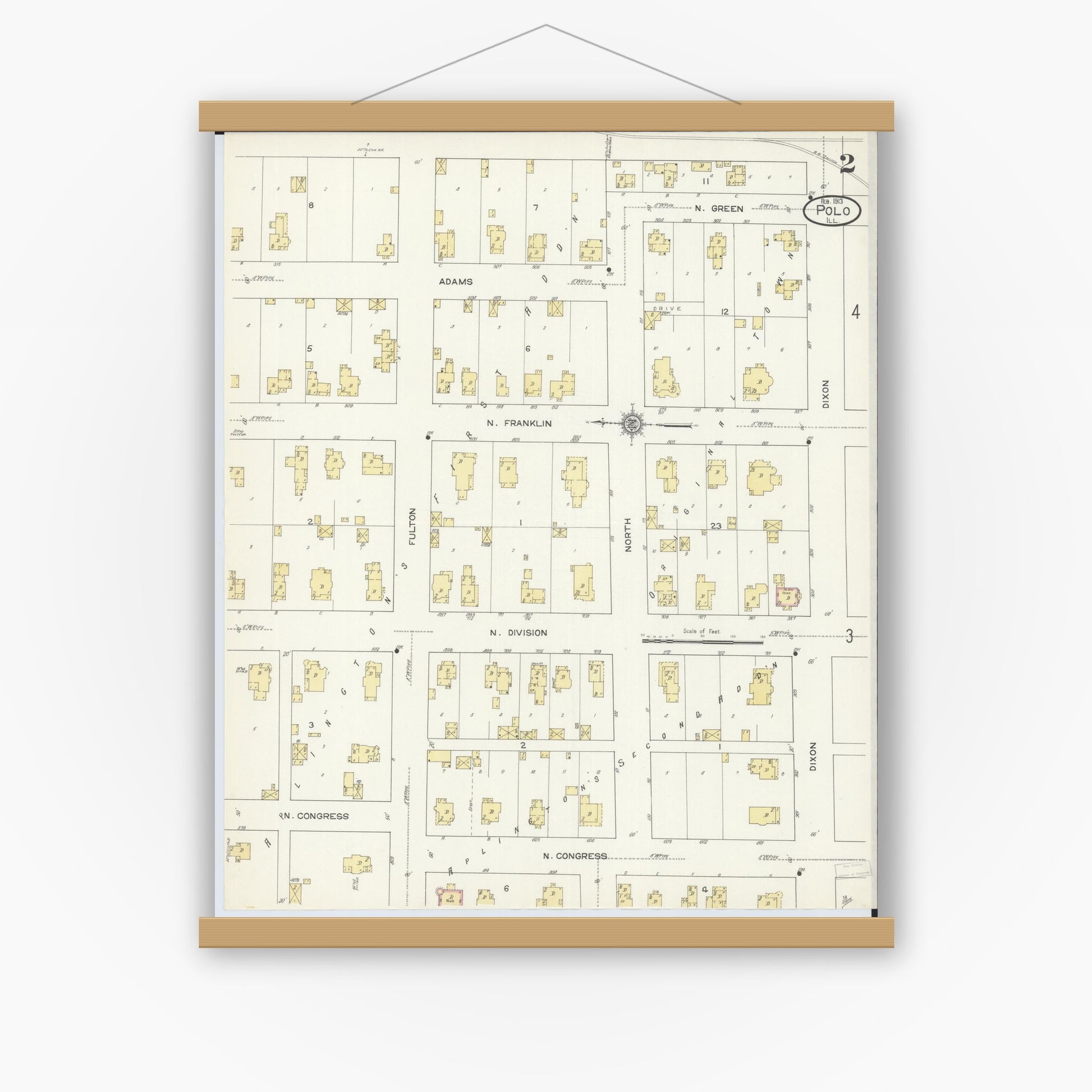 Old map wall art mockup — magnetic wood frame on white wall — Sanborn Fire Insurance Map from Polo, Ogle County, Illinois (1913), Sheet #0002