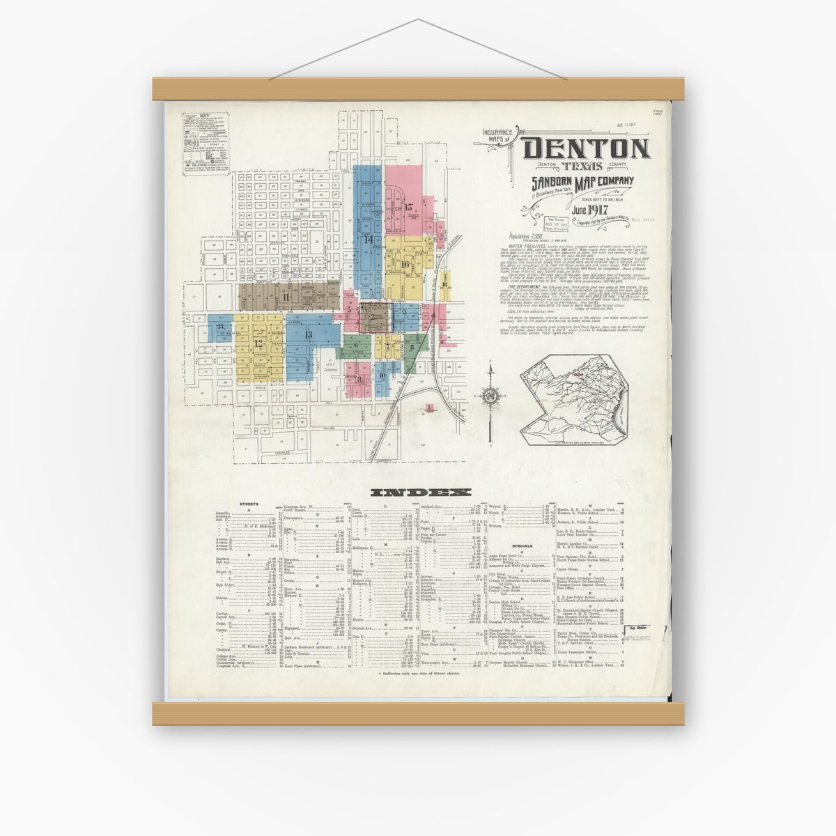 Old map wall art mockup — magnetic wood frame on white wall — Sanborn Fire Insurance Map from Denton, Denton County, Texas (1917) - Complete Map Set