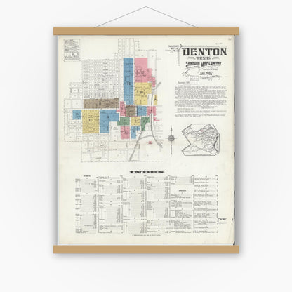 Old map wall art mockup — magnetic wood frame on white wall — Sanborn Fire Insurance Map from Denton, Denton County, Texas (1917) - Complete Map Set