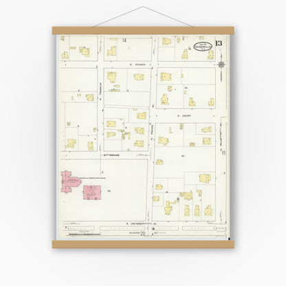 Old map wall art mockup — magnetic wood frame on white wall — Sanborn Fire Insurance Map from Gainesville, Alachua County, Florida (1913), Sheet #0013