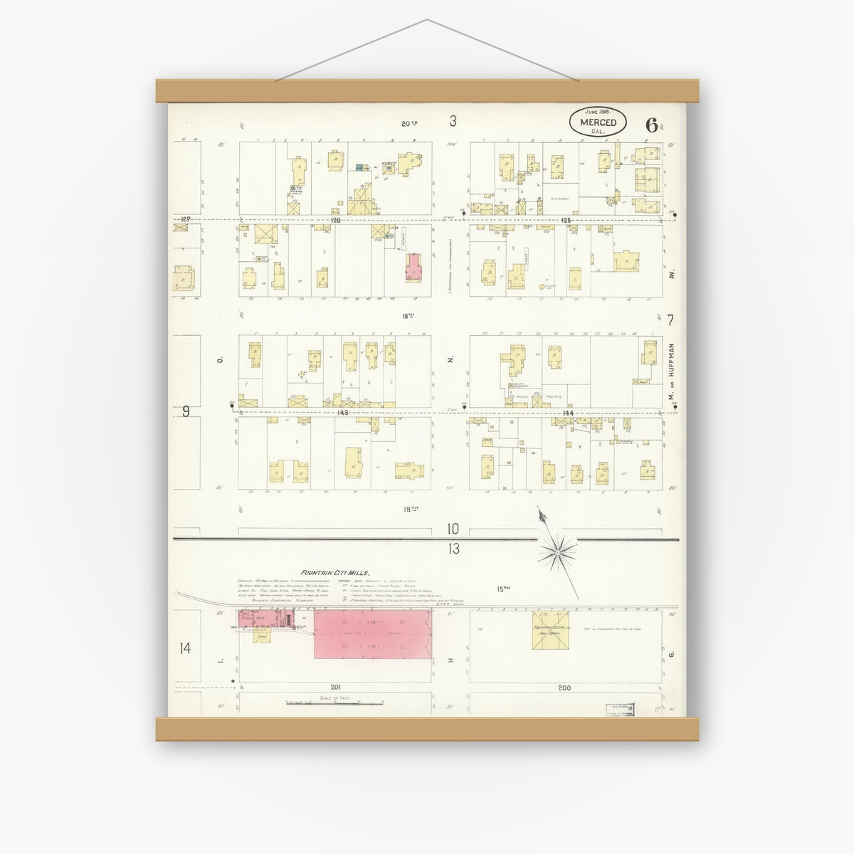 Old map wall art mockup — magnetic wood frame on white wall — Sanborn Fire Insurance Map from Merced, Merced County, California (1898), Sheet #0006