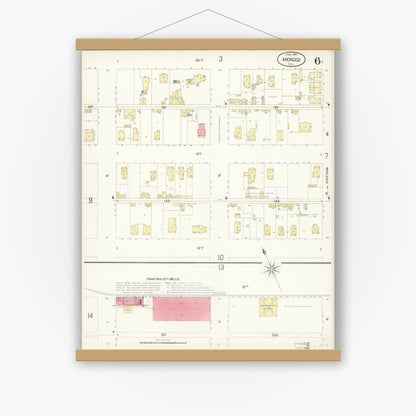 Old map wall art mockup — magnetic wood frame on white wall — Sanborn Fire Insurance Map from Merced, Merced County, California (1898), Sheet #0006