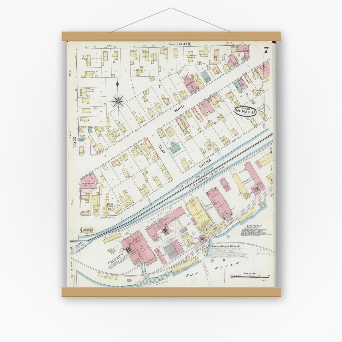 Old map wall art mockup — magnetic wood frame on white wall — Sanborn Fire Insurance Map from Menasha, Winnebago County, Wisconsin (1891), Sheet #0007