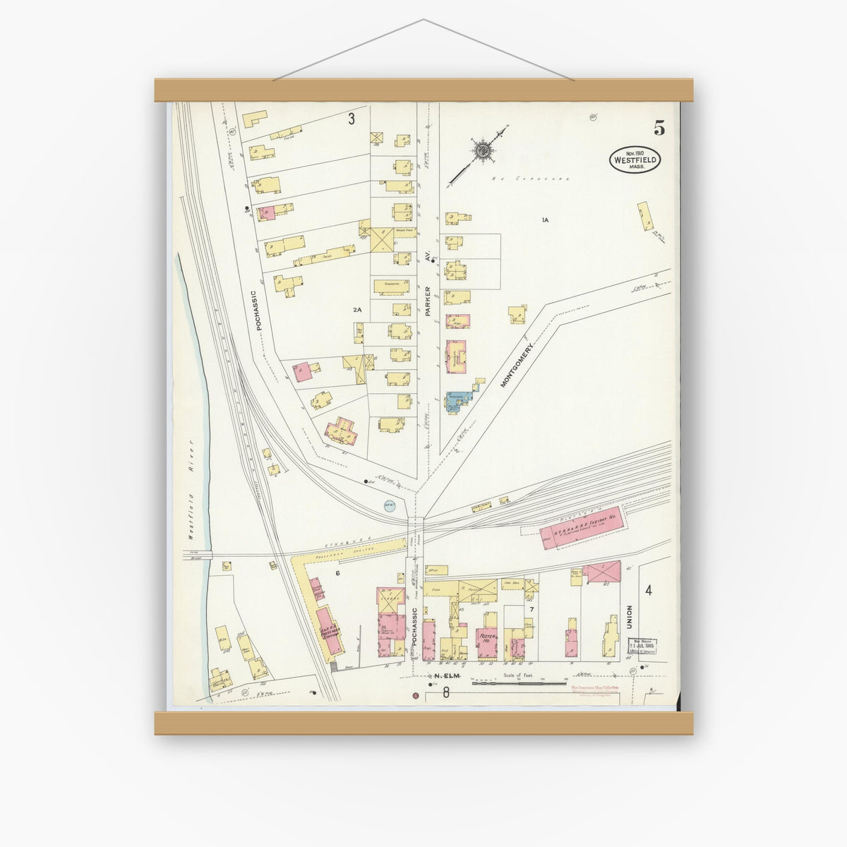 Old map wall art mockup — magnetic wood frame on white wall — Sanborn Fire Insurance Map from Westfield, Hampden County, Massachusetts (1910), Sheet #0005