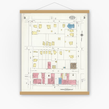 Old map wall art mockup — magnetic wood frame on white wall — Sanborn Fire Insurance Map from Hickory, Catawba County, North Carolina (1925), Sheet #0003