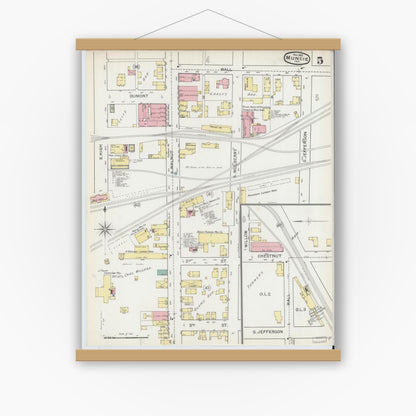 Old map wall art mockup — magnetic wood frame on white wall — Sanborn Fire Insurance Map from Muncie, Delaware County, Indiana (1892), Sheet #0005