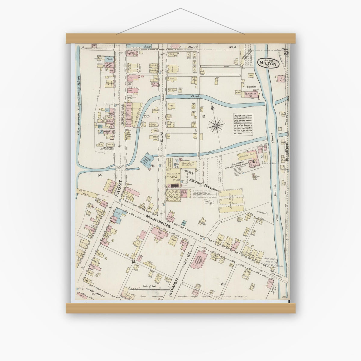 Old map wall art mockup — magnetic wood frame on white wall — Sanborn Fire Insurance Map from Milton, Northumberland County, Pennsylvania (1884), Sheet #0005