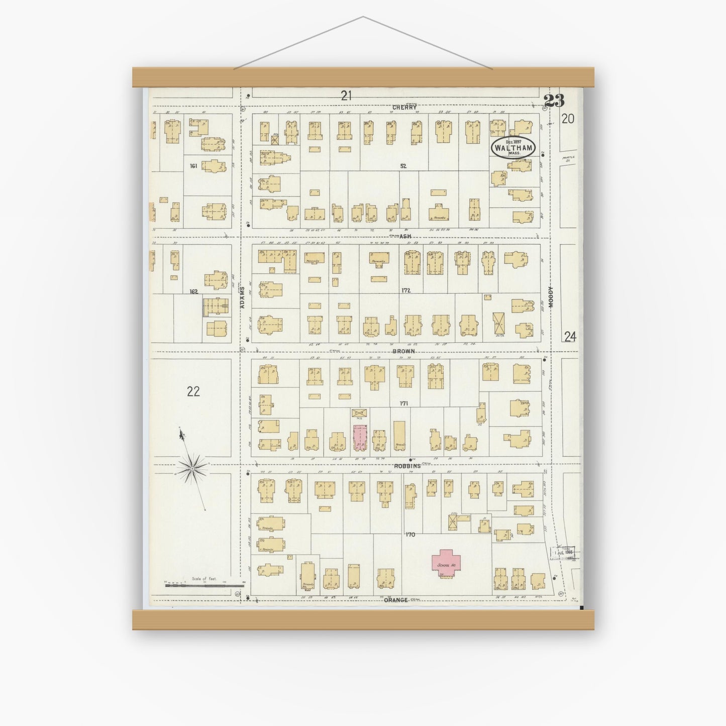 Old map wall art mockup — magnetic wood frame on white wall — Sanborn Fire Insurance Map from Waltham, Middlesex County, Massachusetts (1897), Sheet #0023