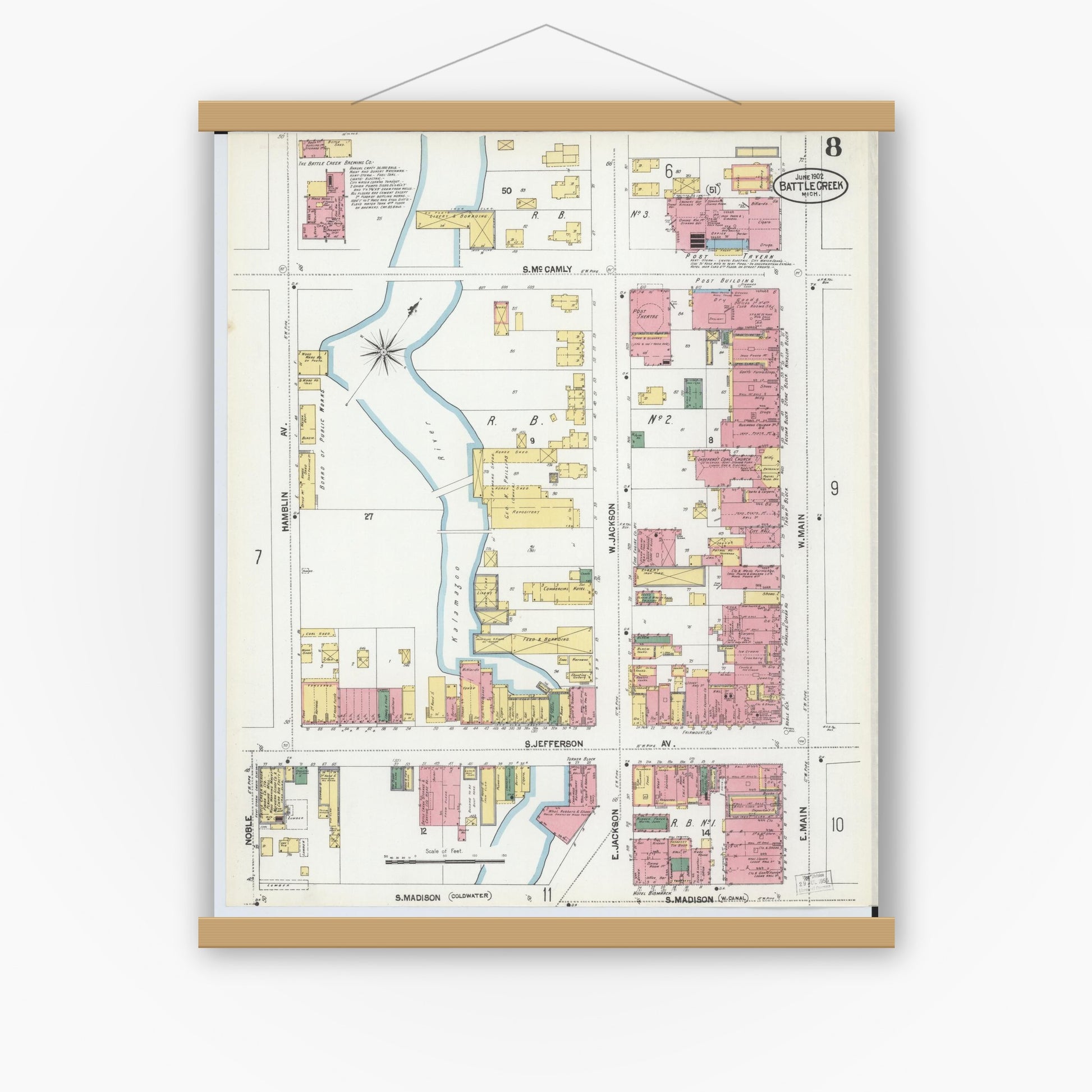 Old map wall art mockup — magnetic wood frame on white wall — Sanborn Fire Insurance Map from Battle Creek, Calhoun County, Michigan (1902), Sheet #0008