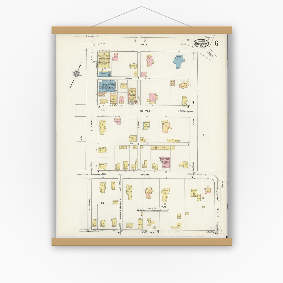 Old map wall art mockup — magnetic wood frame on white wall — Sanborn Fire Insurance Map from Ridgway, Elk County, Pennsylvania (1915), Sheet #0006