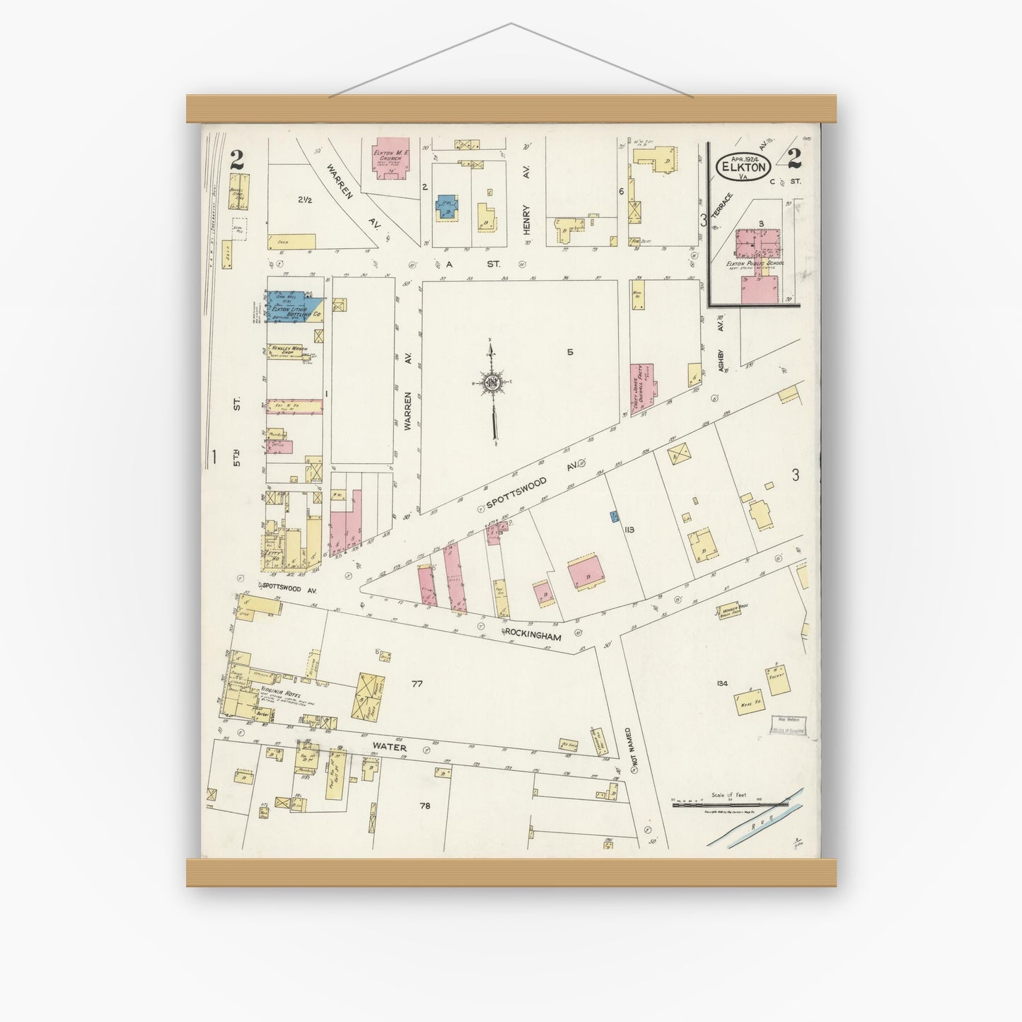 Old map wall art mockup — magnetic wood frame on white wall — Sanborn Fire Insurance Map from Elkton, Rockingham County, Virginia (1924), Sheet #0002