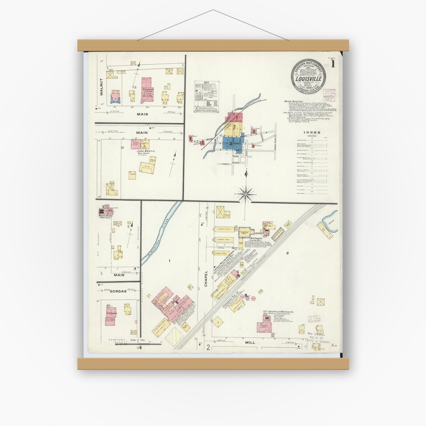 Old map wall art mockup — magnetic wood frame on white wall — Sanborn Fire Insurance Map from Louisville, Stark County, Ohio (1908) - Complete Map Set