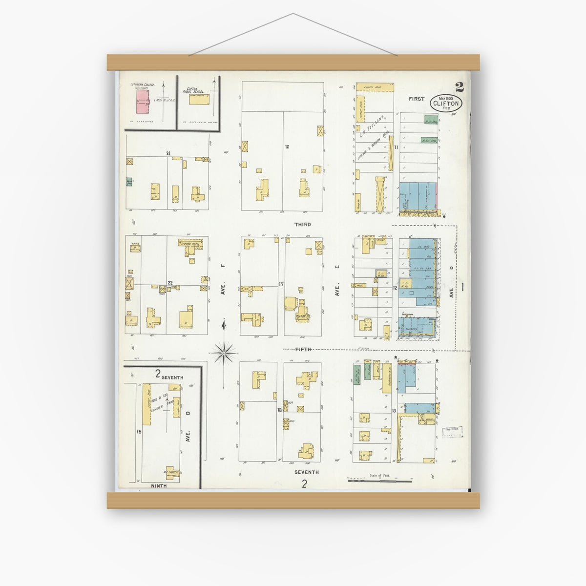 Old map wall art mockup — magnetic wood frame on white wall — Sanborn Fire Insurance Map from Clifton, Bosque County, Texas (1900), Sheet #0002