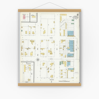 Old map wall art mockup — magnetic wood frame on white wall — Sanborn Fire Insurance Map from Clifton, Bosque County, Texas (1900), Sheet #0002