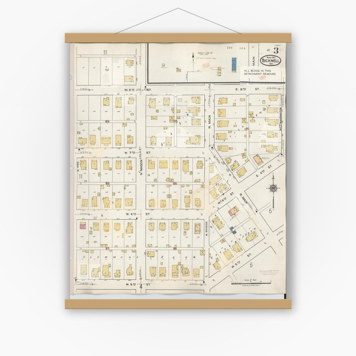 Old map wall art mockup — magnetic wood frame on white wall — Sanborn Fire Insurance Map from Bicknell, Knox County, Indiana (1946), Sheet #0003