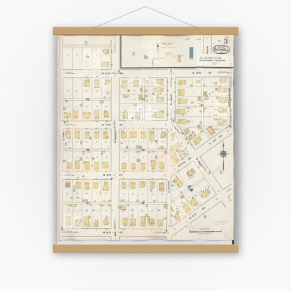 Old map wall art mockup — magnetic wood frame on white wall — Sanborn Fire Insurance Map from Bicknell, Knox County, Indiana (1946), Sheet #0003