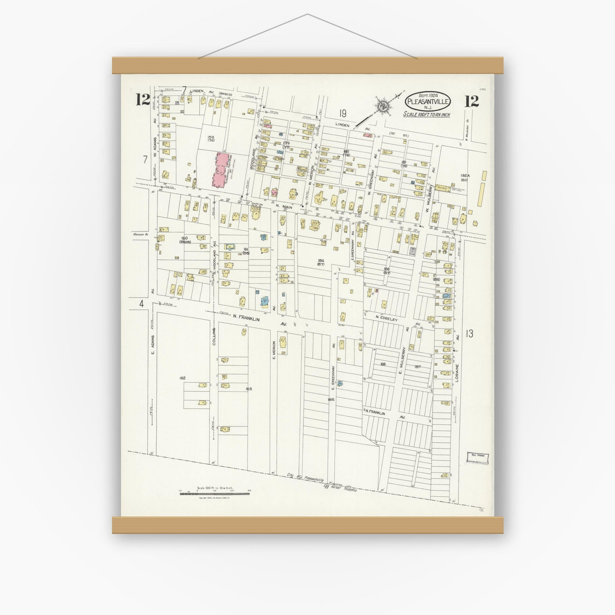 Old map wall art mockup — magnetic wood frame on white wall — Sanborn Fire Insurance Map from Pleasantville, Atlantic County, New Jersey (1924), Sheet #0012
