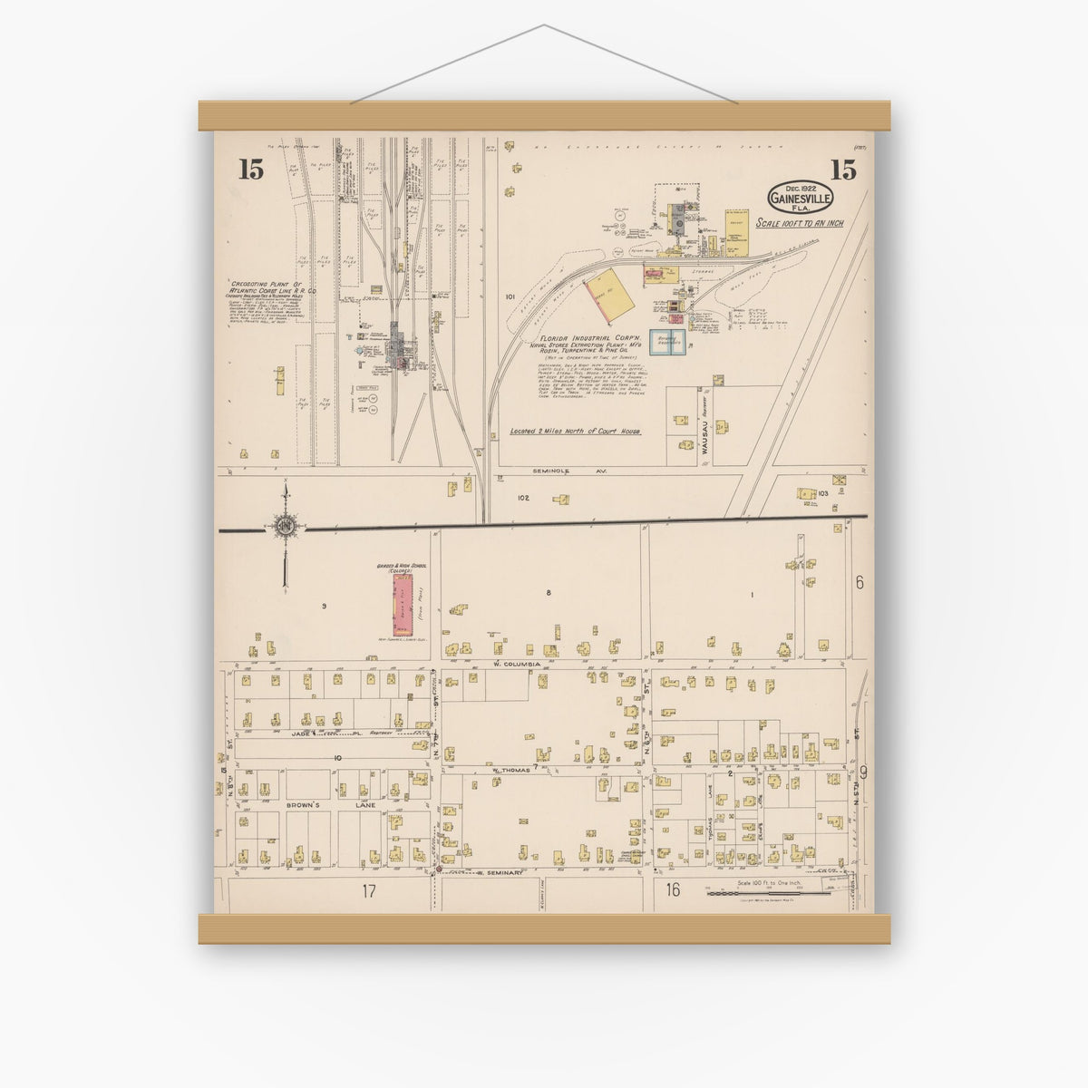 Old map wall art mockup — magnetic wood frame on white wall — Sanborn Fire Insurance Map from Gainesville, Alachua County, Florida (1922), Sheet #0015