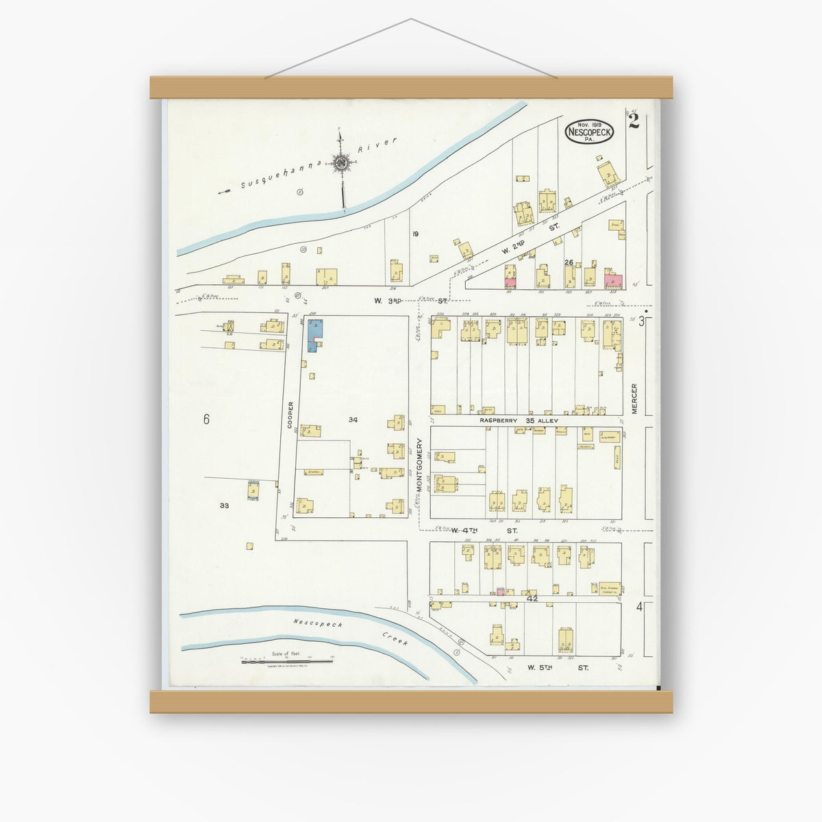 Old map wall art mockup — magnetic wood frame on white wall — Sanborn Fire Insurance Map from Nescopeck, Luzerne County, Pennsylvania (1919), Sheet #0002