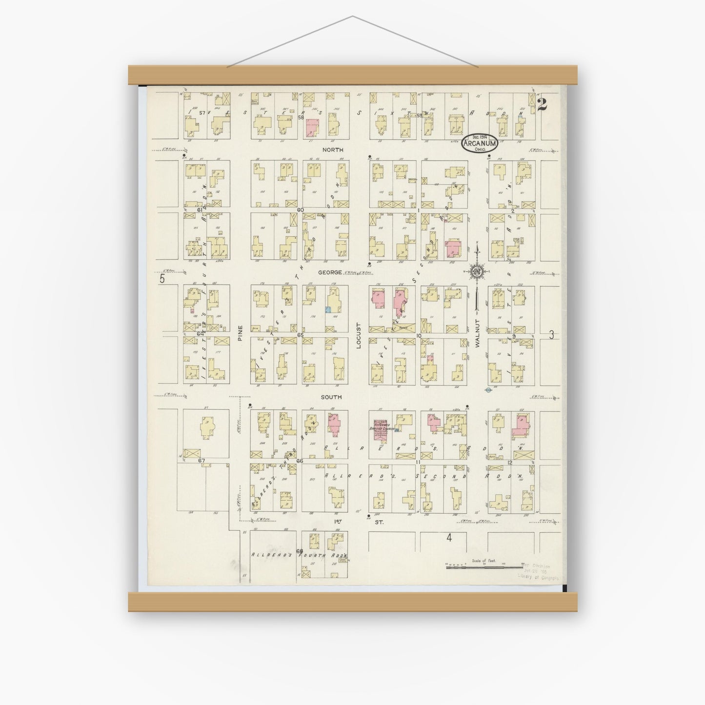 Old map wall art mockup — magnetic wood frame on white wall — Sanborn Fire Insurance Map from Arcanum, Darke County, Ohio (1914), Sheet #0002