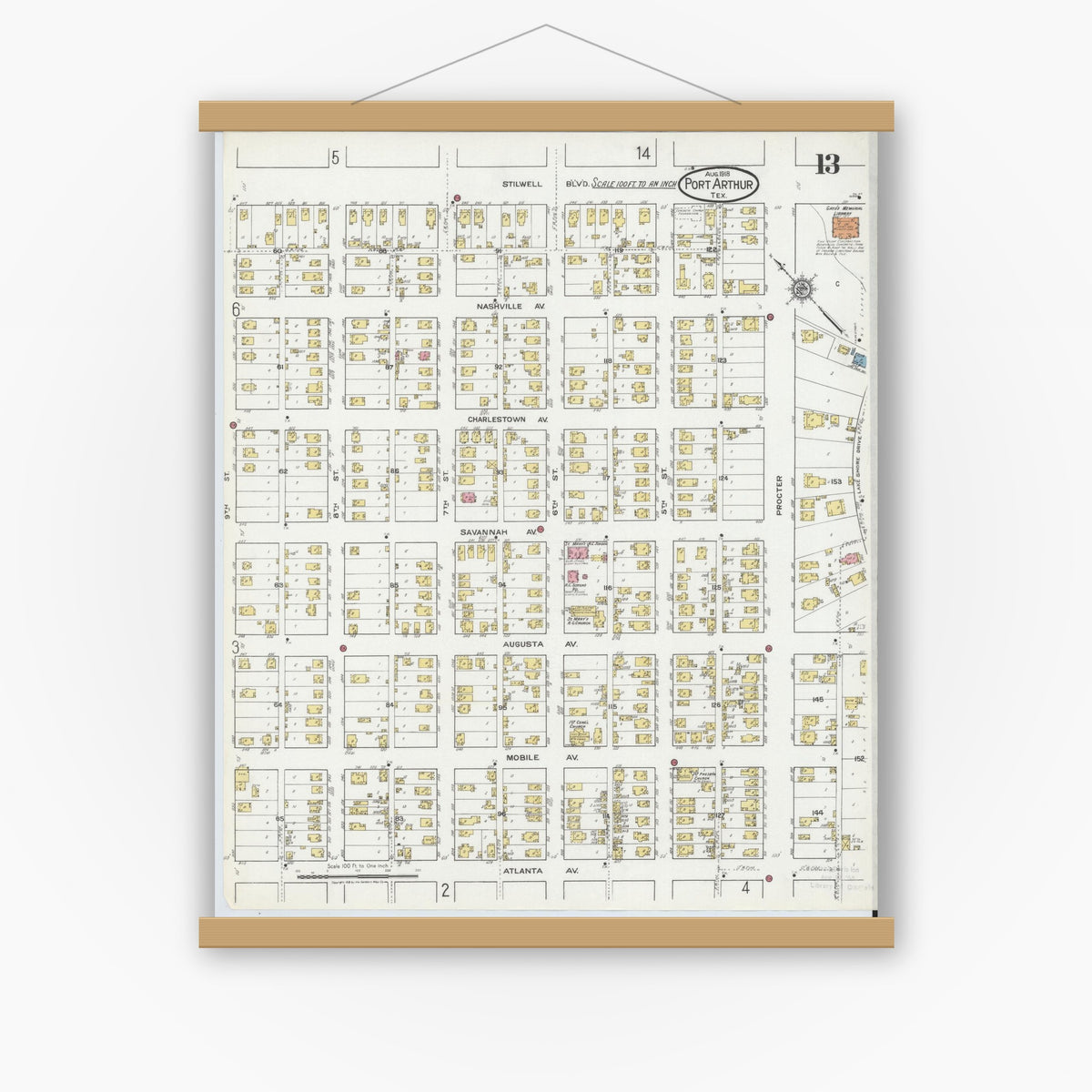 Old map wall art mockup — magnetic wood frame on white wall — Sanborn Fire Insurance Map from Port Arthur, Jefferson County, Texas (1918), Sheet #0013