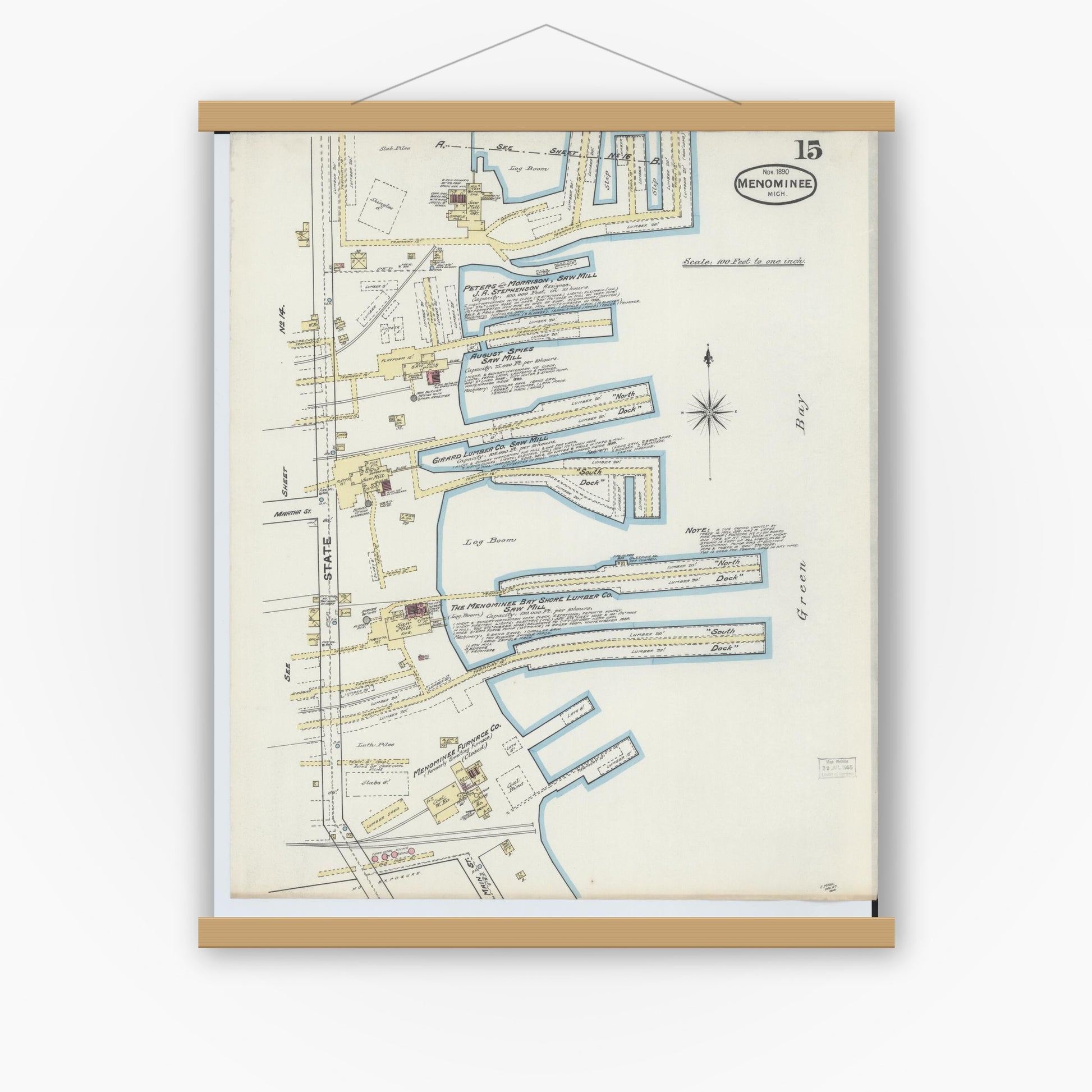 Old map wall art mockup — magnetic wood frame on white wall — Sanborn Fire Insurance Map from Menominee, Menominee County, Michigan (1890), Sheet #0015