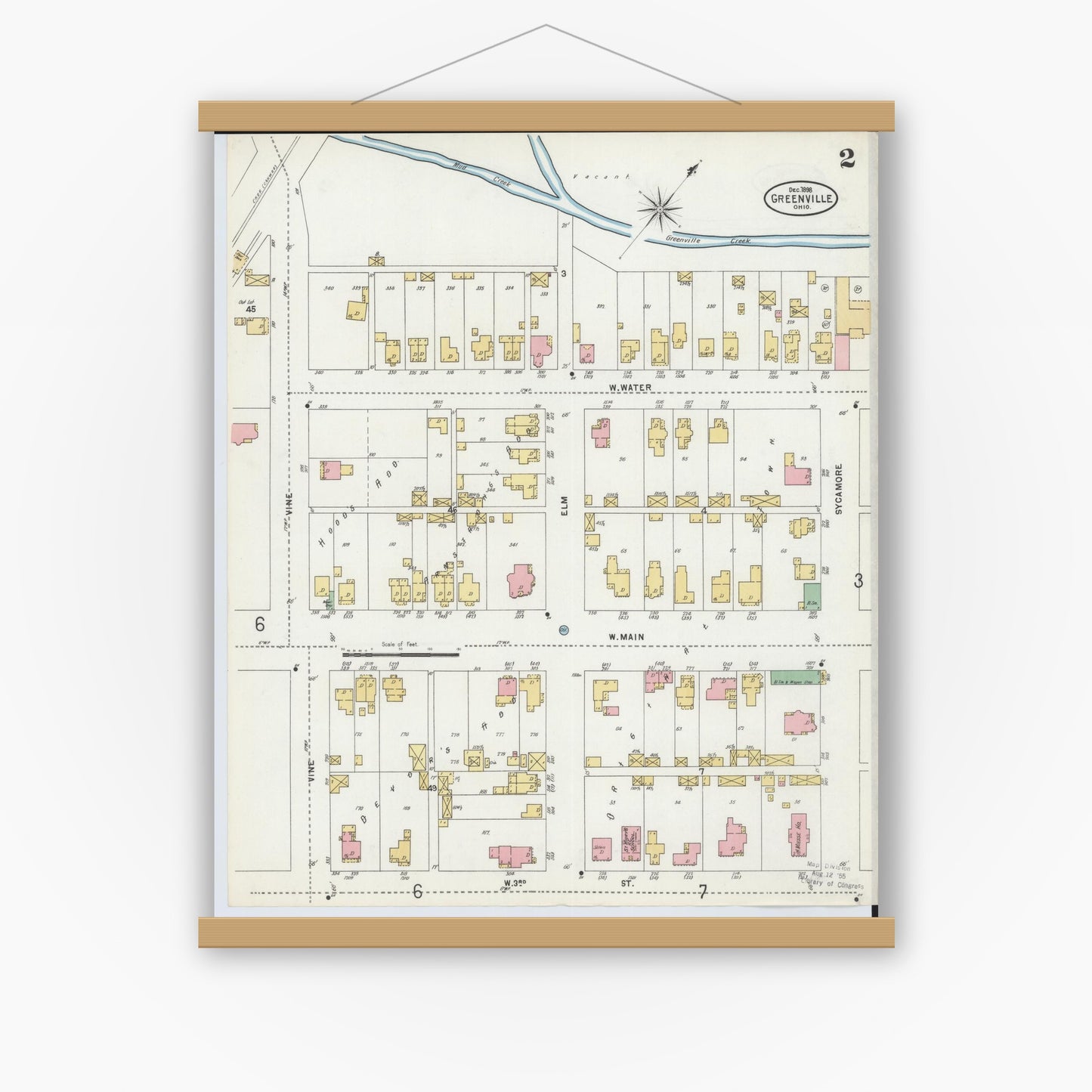 Old map wall art mockup — magnetic wood frame on white wall — Sanborn Fire Insurance Map from Greenville, Darke County, Ohio (1898), Sheet #0002