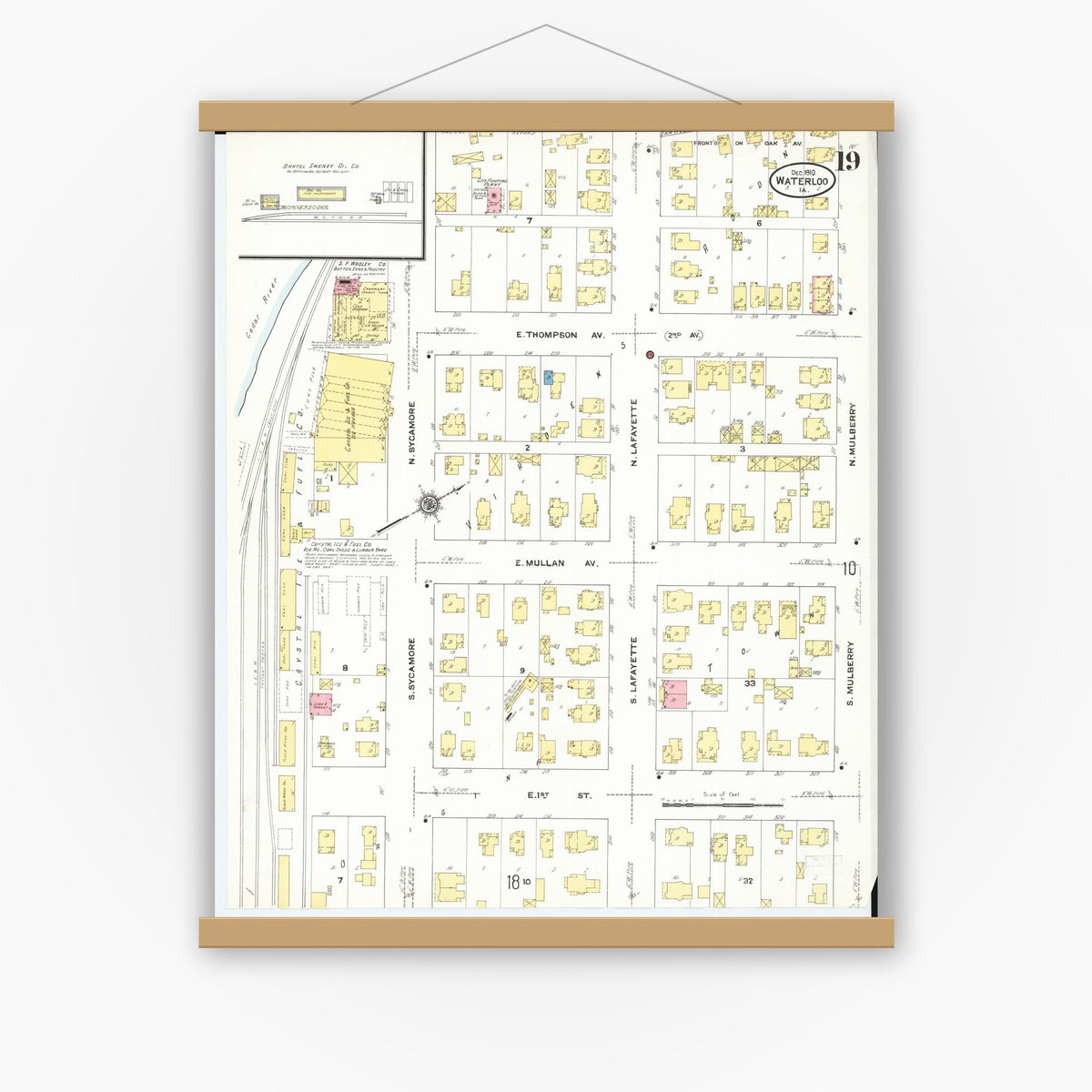 Old map wall art mockup — magnetic wood frame on white wall — Sanborn Fire Insurance Map from Waterloo, Black Hawk County, Iowa (1910), Sheet #0019