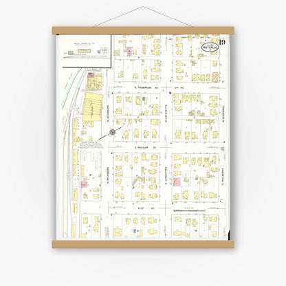 Old map wall art mockup — magnetic wood frame on white wall — Sanborn Fire Insurance Map from Waterloo, Black Hawk County, Iowa (1910), Sheet #0019